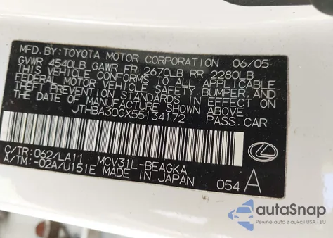 2005 Lexus Es 330 z USA, uszkodzony, nr VIN JTHBA30GX55134172